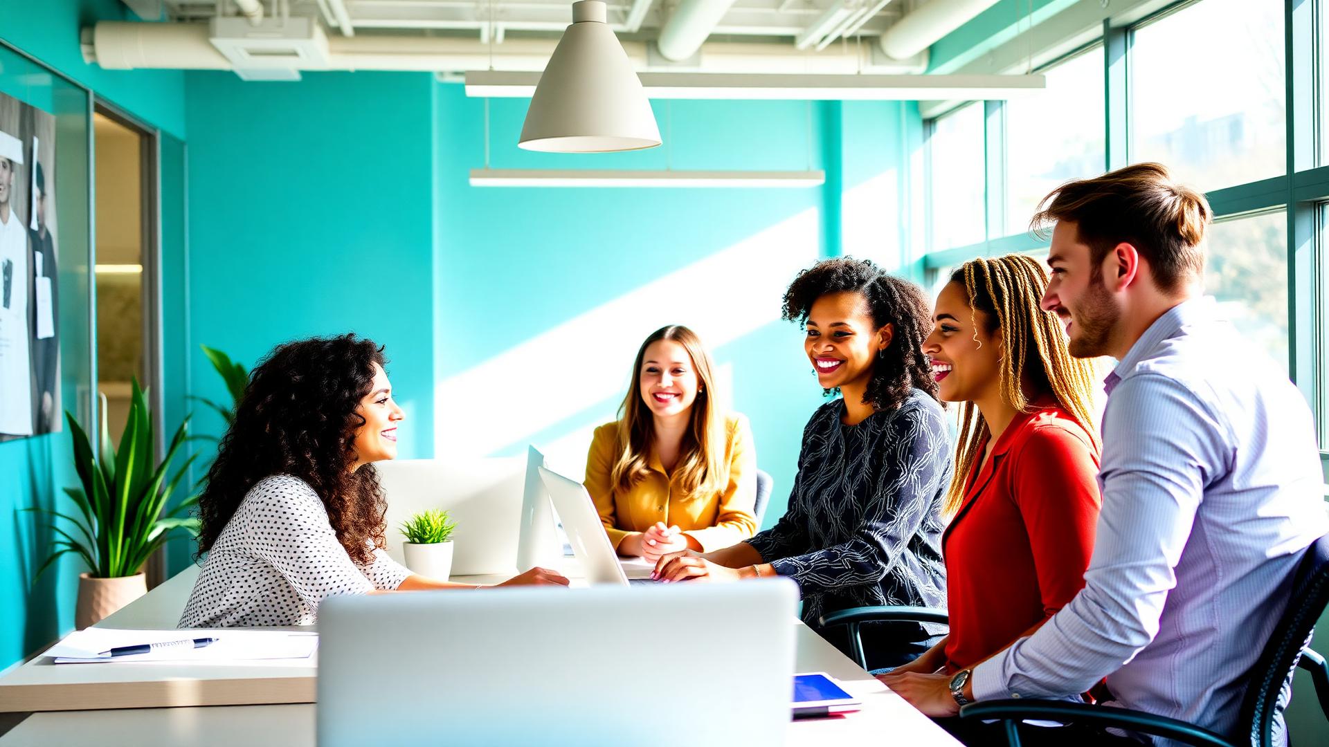 Healthy, engaged employees collaborating in a bright modern office