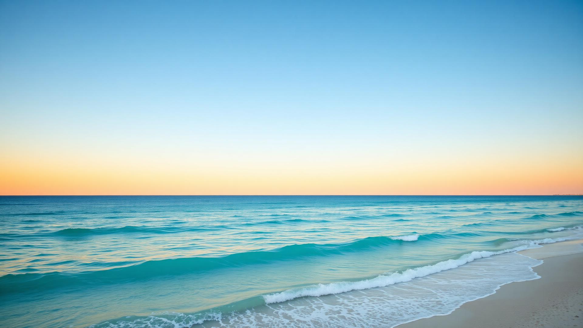 Calm turquoise ocean meeting a sandy shoreline at golden hour